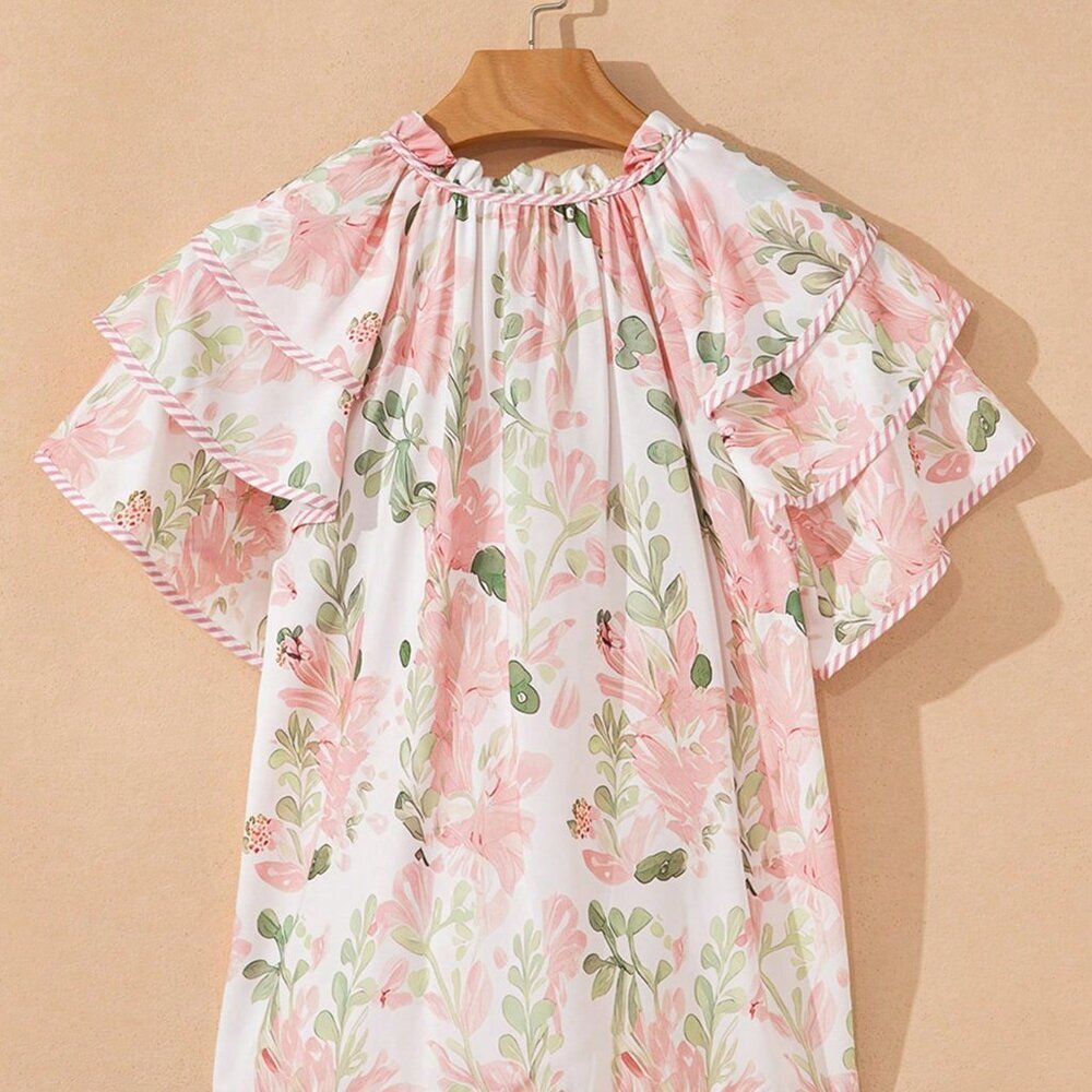 Multicolor Boho Printed Women's Striped V-Neck Ruffle Blouse - Picture 3 of 6